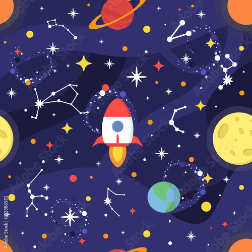 Space pattern with stars, milky way, constellations, zodiac, nebula, planets, moon, Earth, black hole, rocket, Sun. Constellation background in flat style. Galaxy print. Vector illustration for print