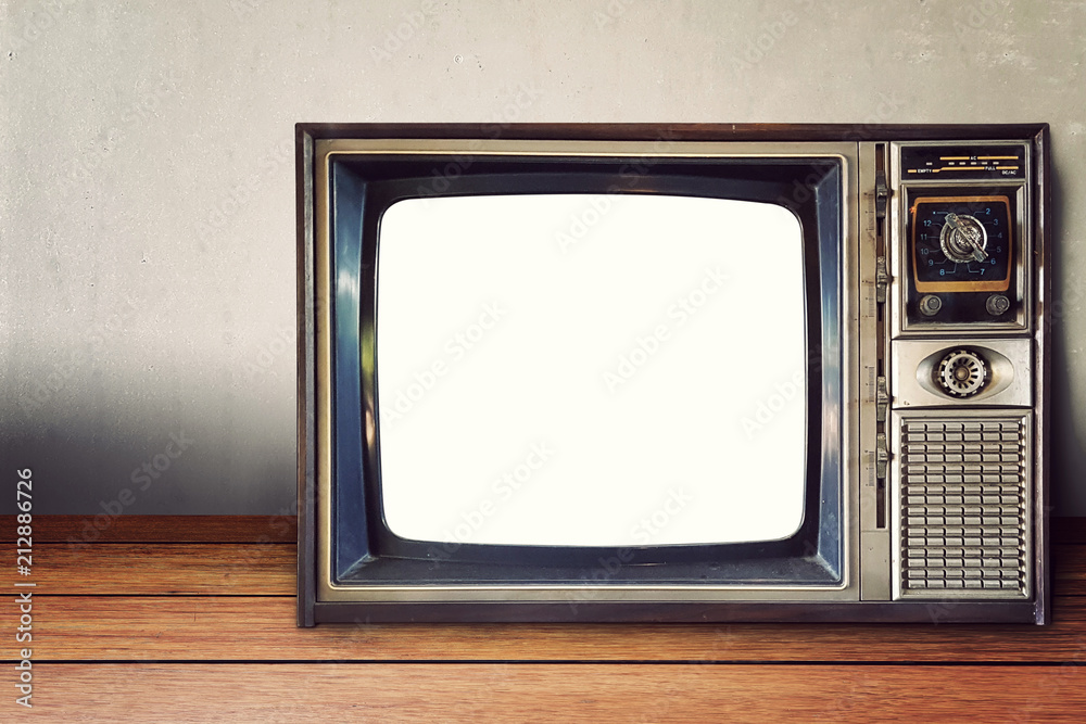 old classic analog television vintage style with empty blank white screen on retro wall background