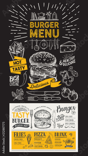 Burger restaurant menu. Vector food flyer for bar and cafe. Design template on blackboard with vintage hand-drawn illustrations.