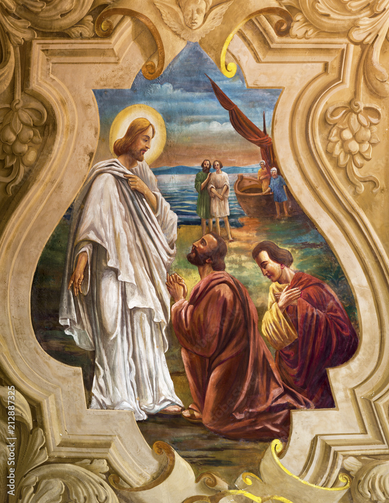 REGGIO EMILIA, ITALY - APRIL 13, 2018: The fresco of St. Peter and Jesus after the Miracle fishing church Chiesa di San Pietro by Anselmo Govi (1939).