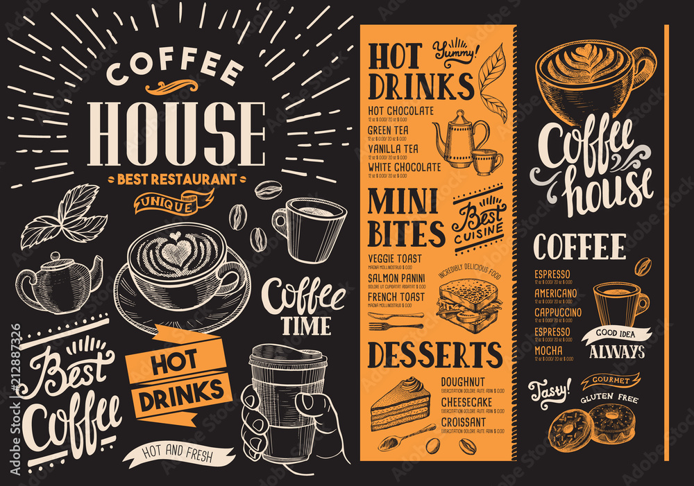 Coffee restaurant menu. Beverage flyer for bar and cafe. Design template  with vintage hand-drawn food illustrations. Stock Vector | Adobe Stock