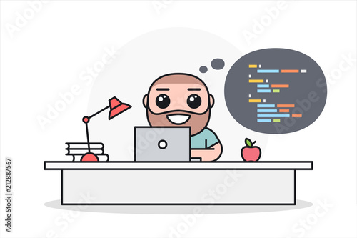 Programmer, software or web developer working on computer at office desk. Cartoon character in flat style