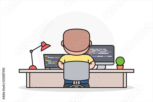 Programmer, software or web developer working on computer at office desk. Cartoon character in flat style