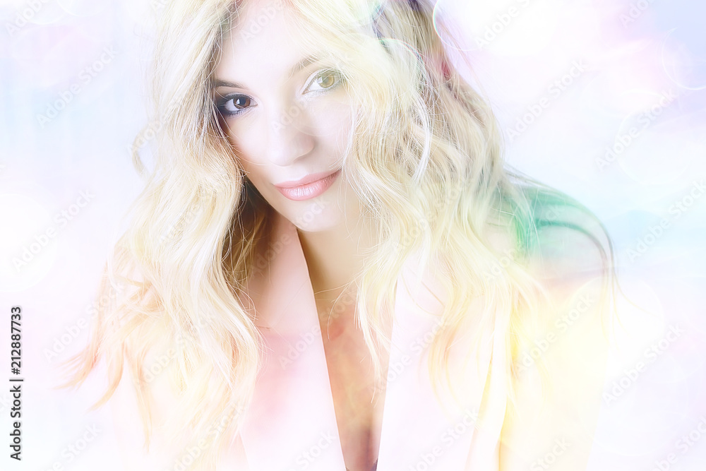 girl with summer make-up on blurred white background with pink bokeh / beautiful bright make-up, professional style glamor model girl with summer make-up on blurred white background with pink bokeh / beautiful bright make-up, professional style glamor model