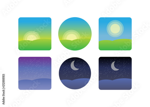 Nature landscape at times of day. Icons morning, night cycle