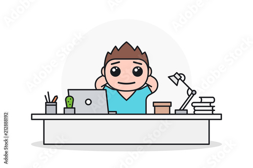 Happy smiling man with hands behind head at office desk. Cartoon character in flat style