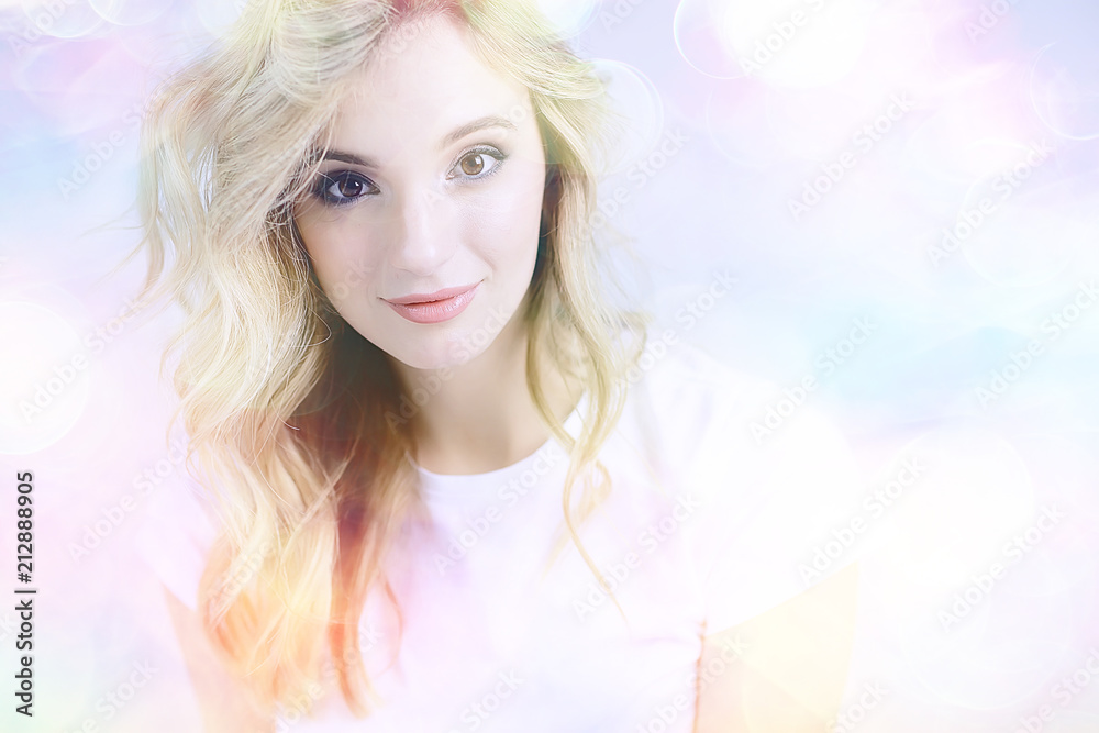 girl with summer make-up on blurred white background with pink bokeh / beautiful bright make-up, professional style glamor model girl with summer make-up on blurred white background with pink bokeh / beautiful bright make-up, professional style glamor model