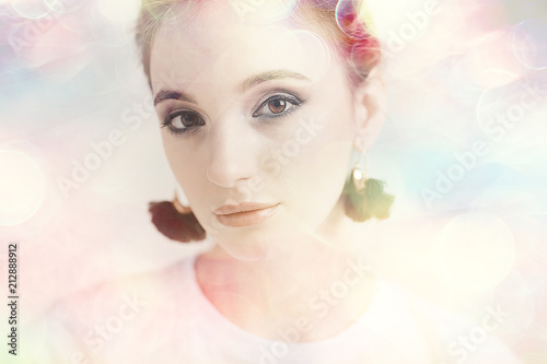 girl with summer make-up on blurred white background with pink bokeh / beautiful bright make-up, professional style glamor model