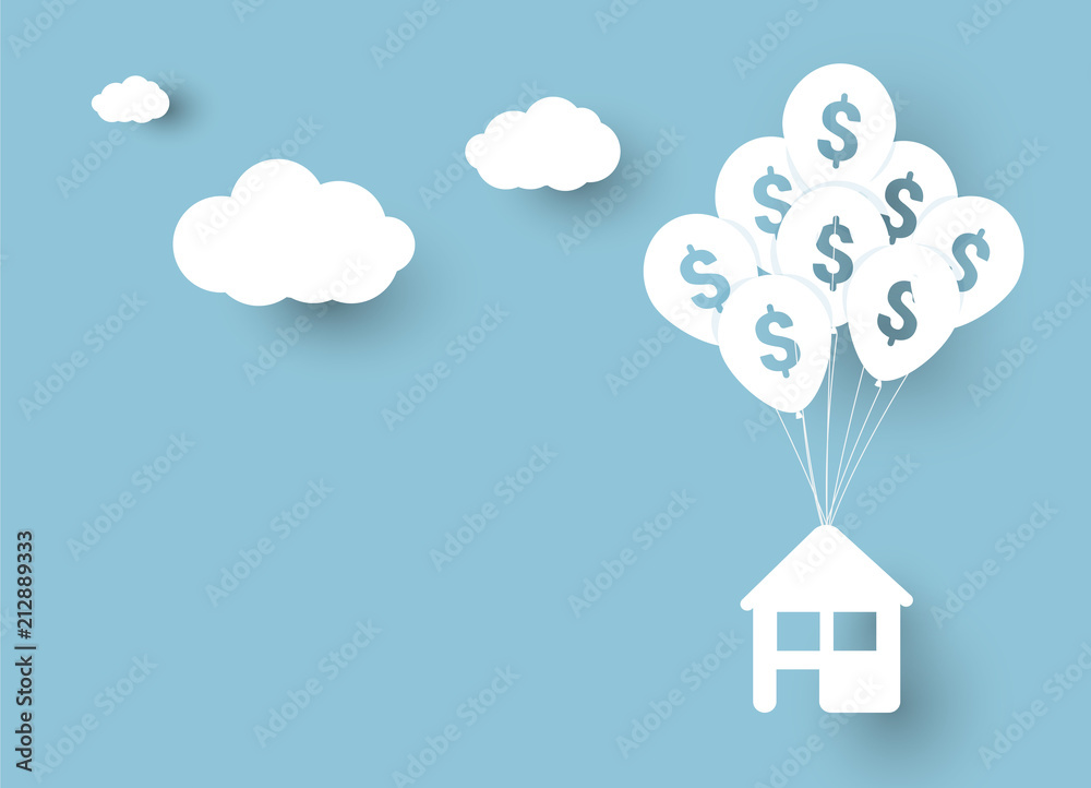 Vector illustration of house hanging on balloons with sign of dollar, over blue sky background and clouds with shadow. Business or real estate concept. Vector illustration of house hanging on balloons with sign of dollar, over blue sky background and clouds with shadow. Business or real estate concept.