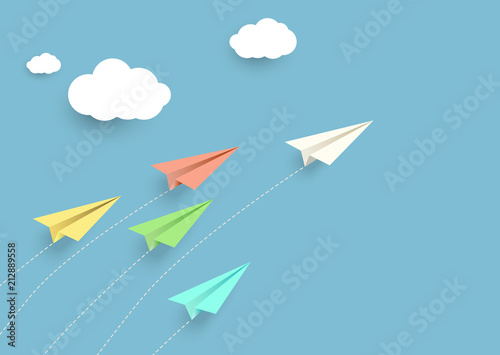 Vector illustration of racing paper planes on blue background with clouds. Business concept.