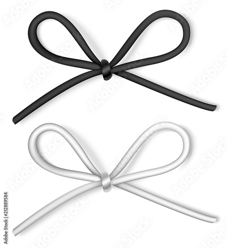 Set of decorative black and white string bow with realistic shadow isolated on white. Vector illustration