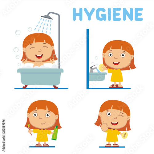 Collection of little girl with red hair for rules of child hygiene: showering, washing hands, brushing her teeth.