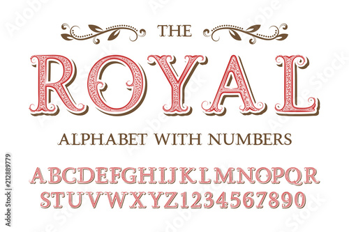 Royal alphabet with numbers in old english vintage style.