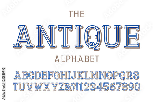 Antique alphabet with numbers in vintage volumetric style.
