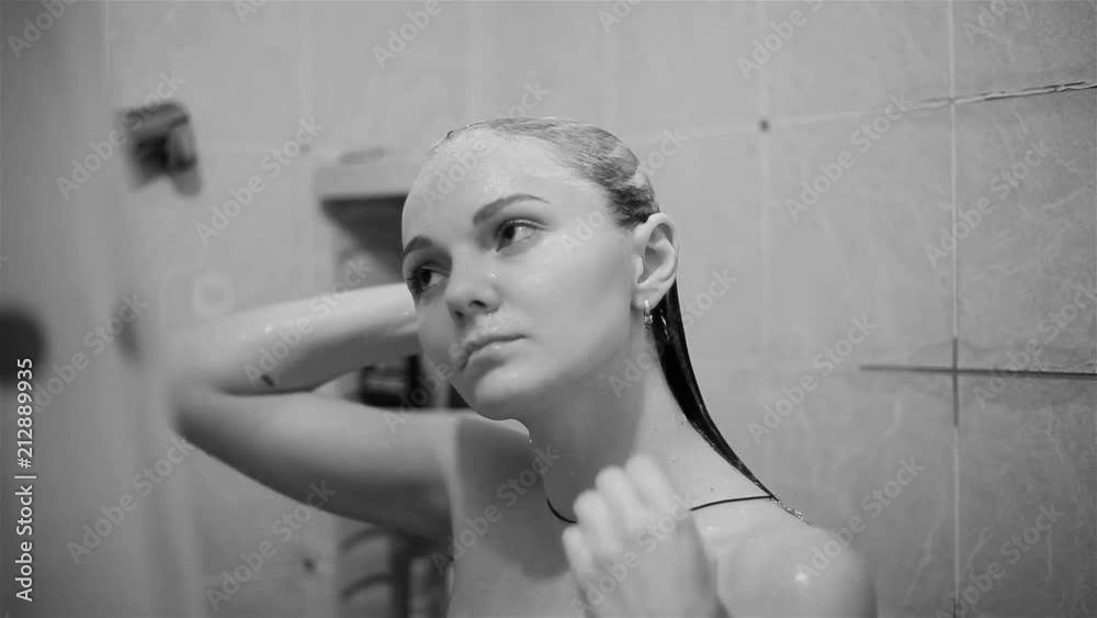 Shower girl wash her hair and head. Beauty young woman washing her hair ...