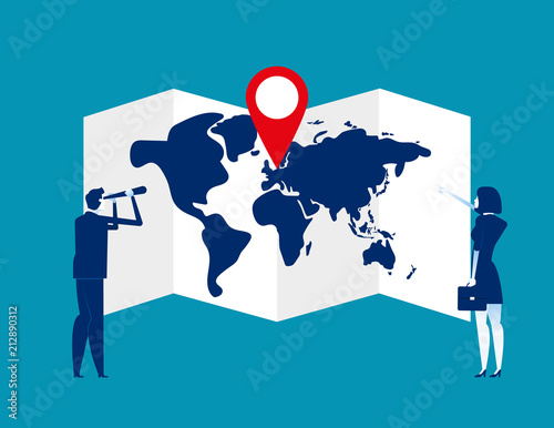 Business team searching for map with a pin. Concept business vector illustration. Pin, Searching.