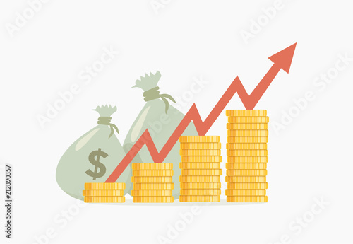 Vector illustration of pile coins and bags with money and growing arrow on transparent background, ready to use. Business concept.
