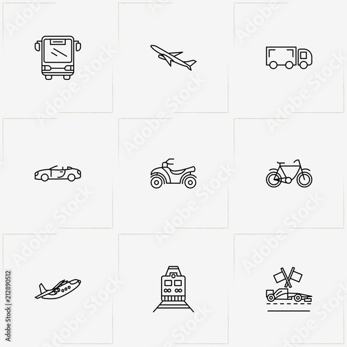 Transport line icon set with train, quad bike  and cabriolet