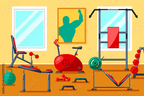 Sport fitness gym indoor interior club composition.Equipment for bodybuilding,weight training activity,healthy lifestyle,cardio workout exercises - dumbbells,barbells,treadmill,weights,horizontal bar