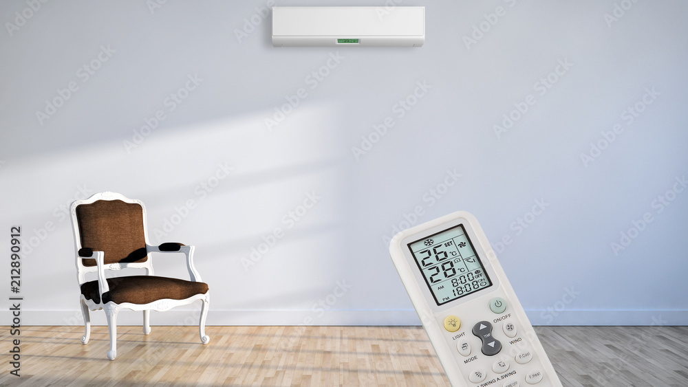 Modern interior apartment with air conditioning and remote control 3D rendering illustration Modern interior apartment with air conditioning and remote control 3D rendering illustration