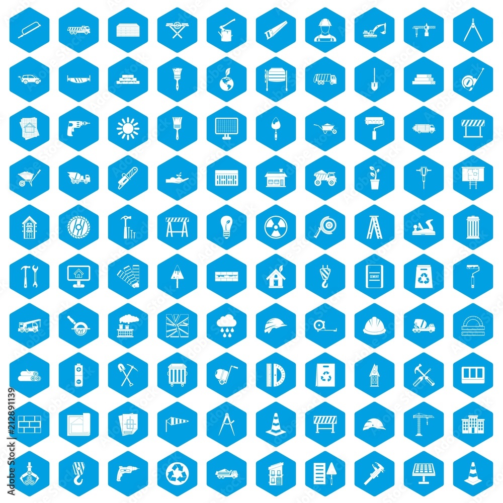 100 construction site icons set in blue hexagon isolated vector illustration 100 construction site icons set in blue hexagon isolated vector illustration