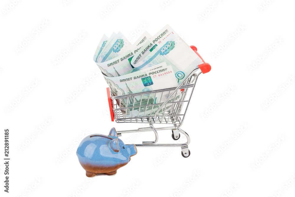 Shopping cart with Russian rubles and piggy bank, isolated