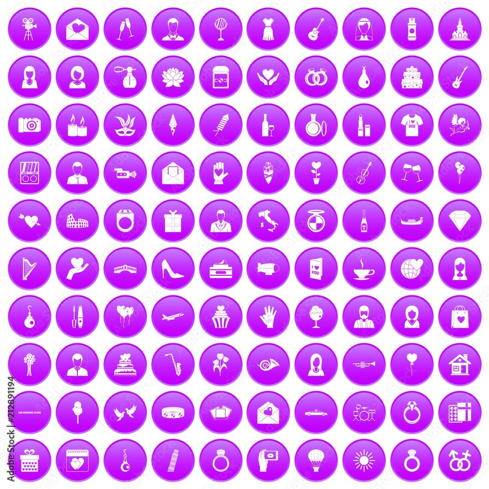 100 wedding icons set in purple circle isolated on white vector illustration
