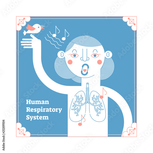 Stylized Human Respiratory System, framed anatomical vector illustration, conceptual decorative style poster with singing female and lungs cross section on blue background