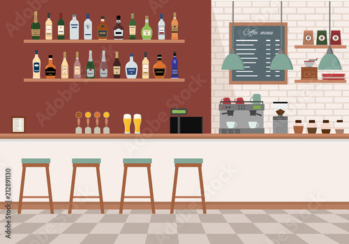 Empty bar interior. Pub with counter, chairs and equipment. Flat design vector illustration.