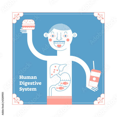 Stylized Human Digestive System, modern anatomical vector illustration, conceptual decorative style art poster with male having meal and digestive tract cross section
