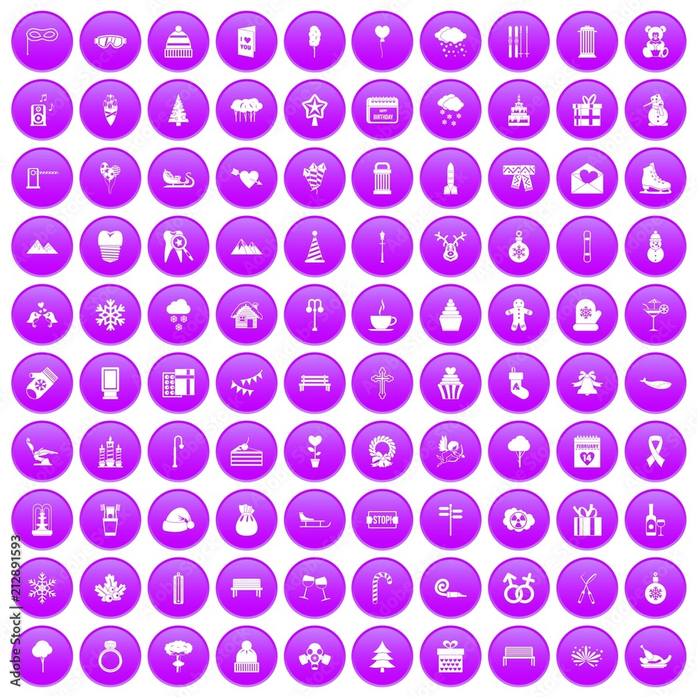 100 winter holidays icons set in purple circle isolated on white vector illustration 100 winter holidays icons set in purple circle isolated on white vector illustration