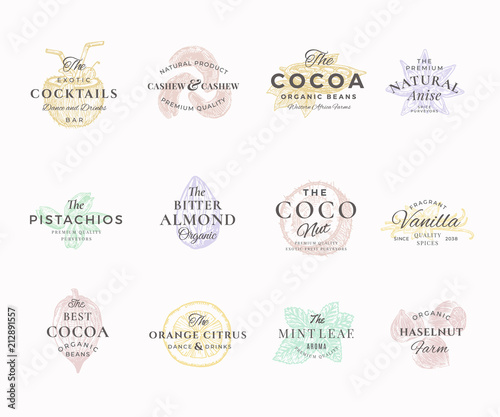 Premium Qualituy Nuts, Fruits and Spices Elegant Labels Set. Abstract Vector Signs, Symbols or Logo Templates. Hand Drawn Food Sketches with Retro Typography. Vintage Luxury Emblems.
