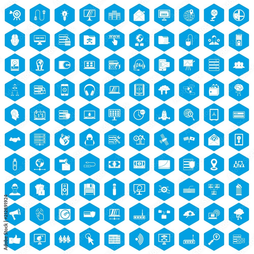 100 cyber security icons set in blue hexagon isolated vector illustration 100 cyber security icons set in blue hexagon isolated vector illustration
