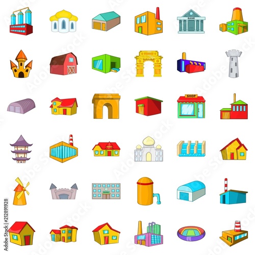 Building icons set. Cartoon style of 36 building vector icons for web isolated on white background