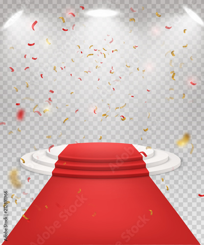 Abstract festive background with 3d three-step podium and red ca