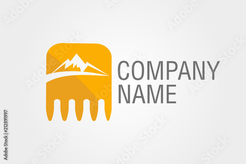 bucket excavator with mountains and road. logo.