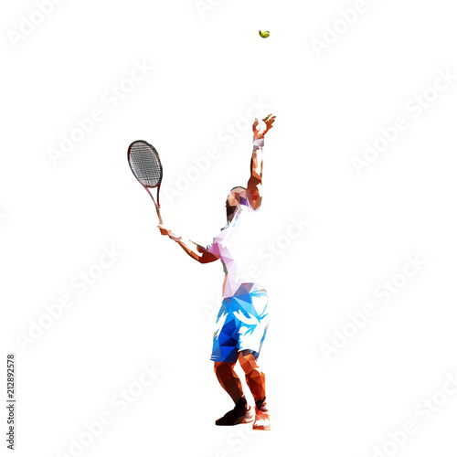 Tennis player serving ball, low poly vector illustration. Isolated vector geometric drawing
