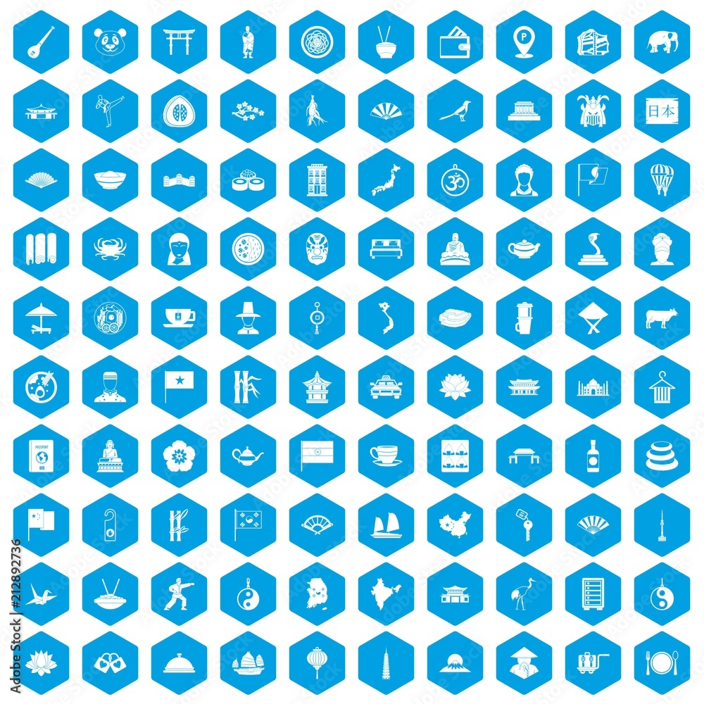 100 dish icons set in blue hexagon isolated vector illustration 100 dish icons set in blue hexagon isolated vector illustration
