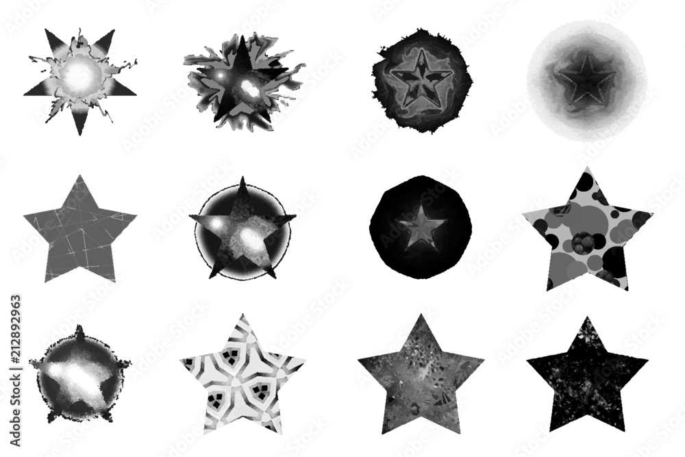 Dessin d'étoiles sous différentes formes graphiques en niveaux de gris