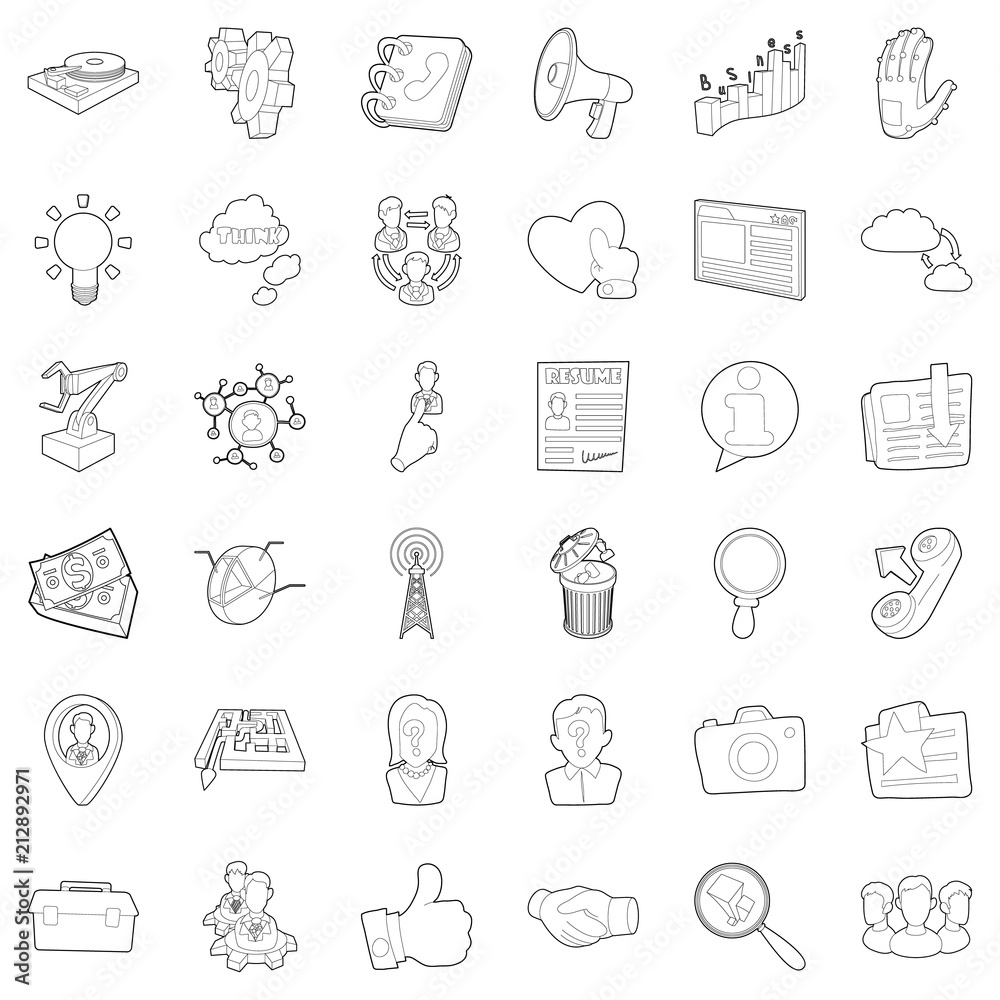 Hard business icons set. Outline style of 36 hard business vector icons for web isolated on white background