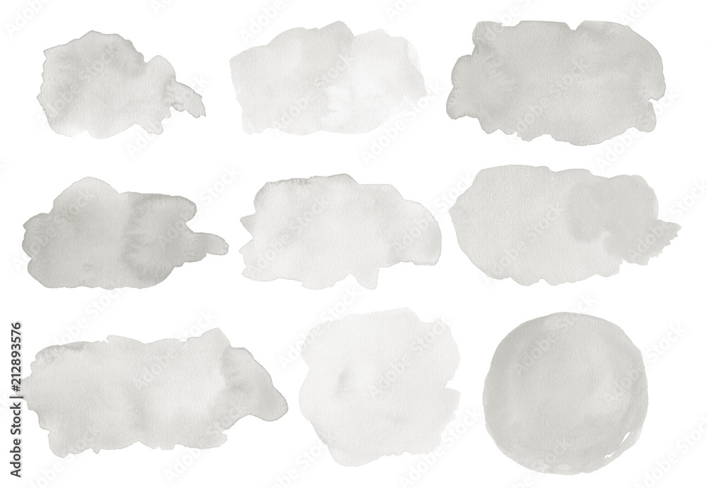 A set of abstract watercolor stains in shades of gray. Hand drawn, painted splashes, blobs, backgrounds, frames.
