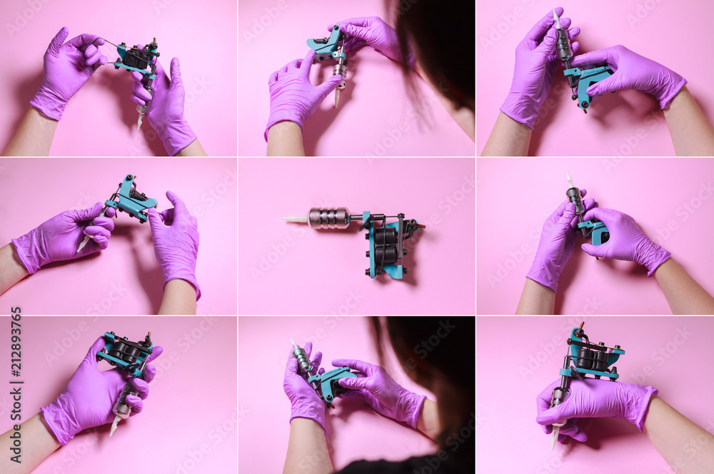 Female Hands In Pink Rubber Gloves Hold A Tattoo Machine On A Blue  Background Stock Photo  Alamy