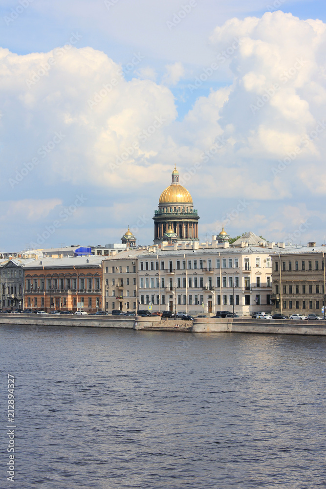 Saint Petersburg Skyline View of Isaac's Cathedral and Historic Buildings Architecture in Russia. Cityscape Scene with Old Traditional Houses on Summer Day Scene, Scenic View Over the Neva River.