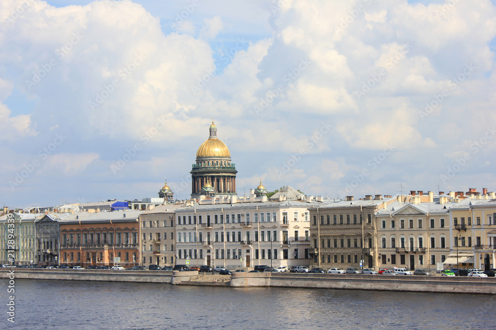 St. Petersburg City Panoramic View with Saint Isaac's Cathedral and Historical Old Buildings Architecture in Russia. Scenic Cityscape with Classic Houses on Neva River Embankment on Summer Day Scene.