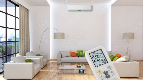 Modern interior apartment with air conditioning and remote control 3D rendering illustration photo