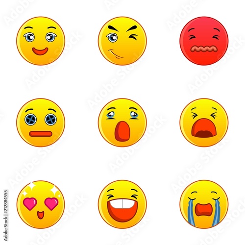 Emoticons or smileys icons set. Flat set of 9 emoticons or smileys vector icons for web isolated on white background