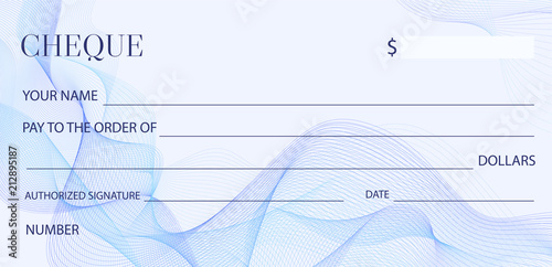 Cheque (Check template), Chequebook template. Blank bank cheque with guilloche pattern and business abstract watermark. Background for banknote design, Voucher, Gift certificate, Coupon, ticket, money photo