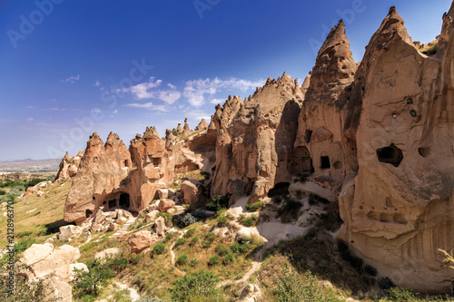 Red valley at Cappadocia, Anatolia, Turkey. Volcanic mountains in