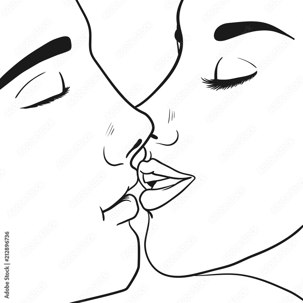 Kissing couple. Men and woman. Black and white sketch. Vector illustration Kissing couple. Men and woman. Black and white sketch. Vector illustration