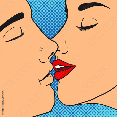 Kissing couple. Men and woman. Pop Art vintage vector illustration